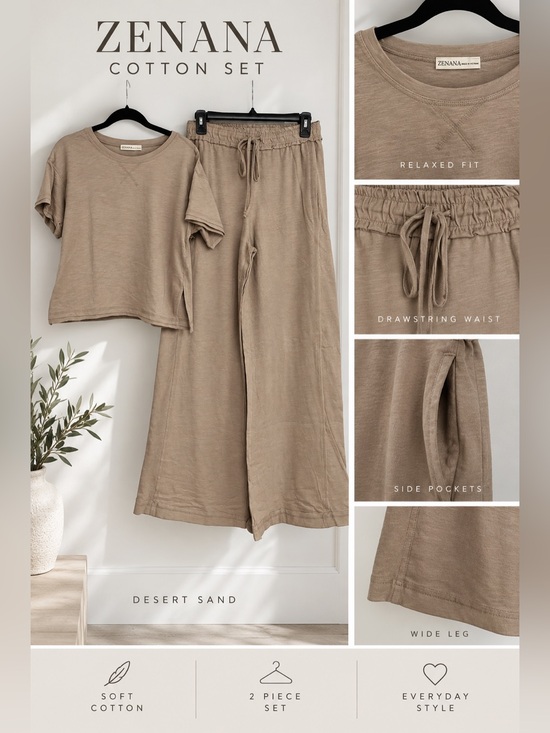 Zenana Outfitters Pants - Zenana Outfitters Wide-Leg Cotton Pants in Desert Sand Taupe Size S